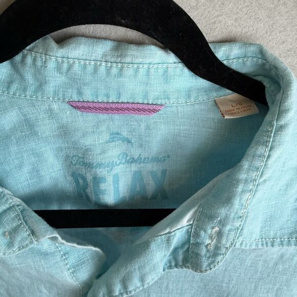 Tommy Bahama Mens Button Up Shirt Teal Blue-Green L 100% LINEN Long Sleeve - Picture 2 of 6